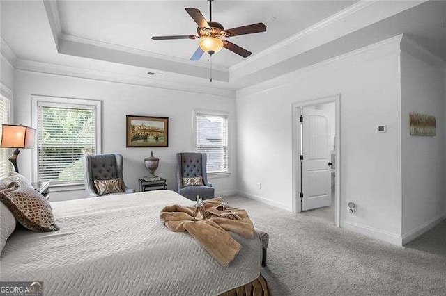 715 Creekside Bnd, Alpharetta, GA 30004 - bedroom with ornamental molding, baseboards, light carpet, a raised ceiling, and ceiling fan