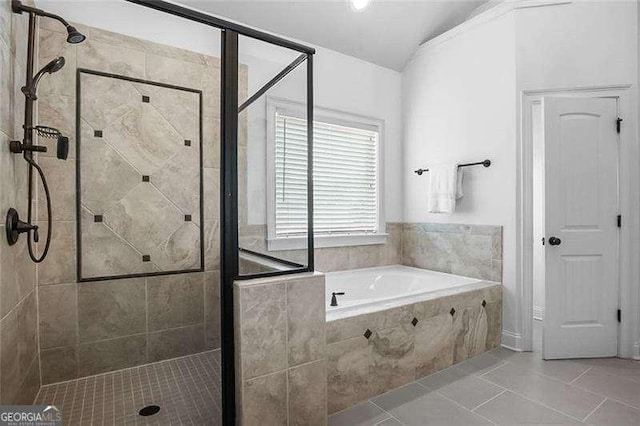 715 Creekside Bnd, Alpharetta, GA 30004 - full bath featuring a bath, a stall shower, tile patterned flooring, and vaulted ceiling