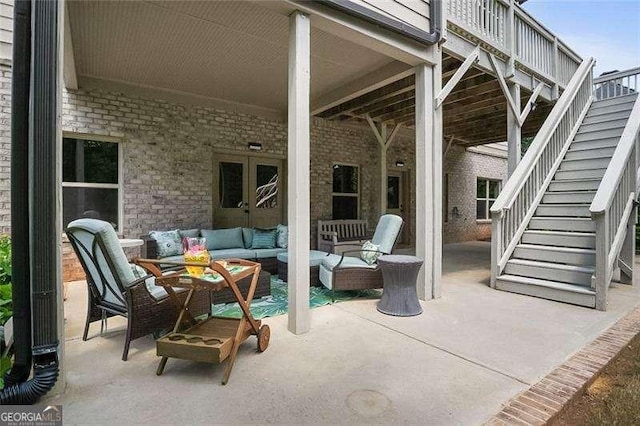 715 Creekside Bnd, Alpharetta, GA 30004 - view of patio / terrace with stairs, an outdoor living space, and french doors