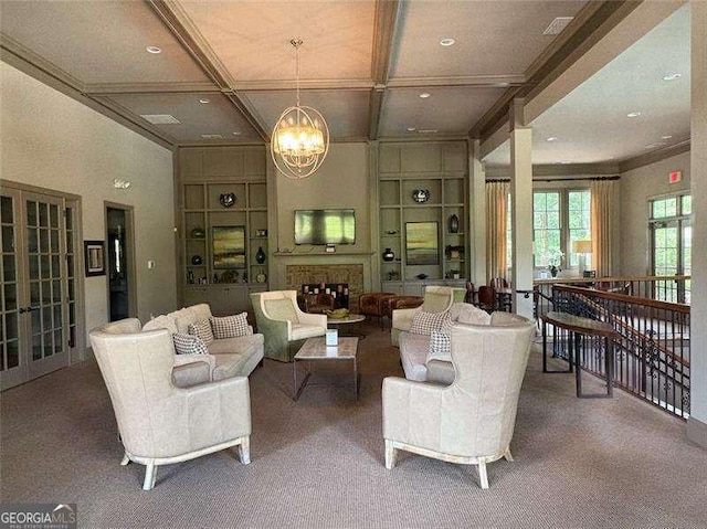 715 Creekside Bnd, Alpharetta, GA 30004 - living room featuring coffered ceiling, a chandelier, beam ceiling, french doors, and recessed lighting