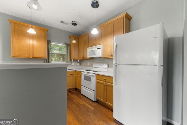 1995 Liberty Hts, Fairburn, GA 30213 - kitchen featuring white appliances, dark wood finished floors, light countertops, pendant lighting, and a textured ceiling