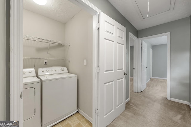 1995 Liberty Hts, Fairburn, GA 30213 - laundry room with washer and dryer, baseboards, and light colored carpet