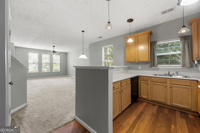 1995 Liberty Hts, Fairburn, GA 30213 - kitchen with a sink, black dishwasher, a textured ceiling, a peninsula, and ceiling fan