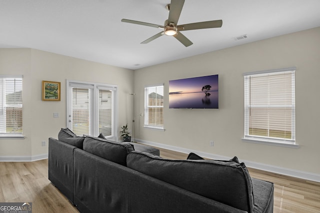 935 Abode Ave, Fort Stewart, GA 31313 - living room with light wood-style floors, ceiling fan, baseboards, and plenty of natural light