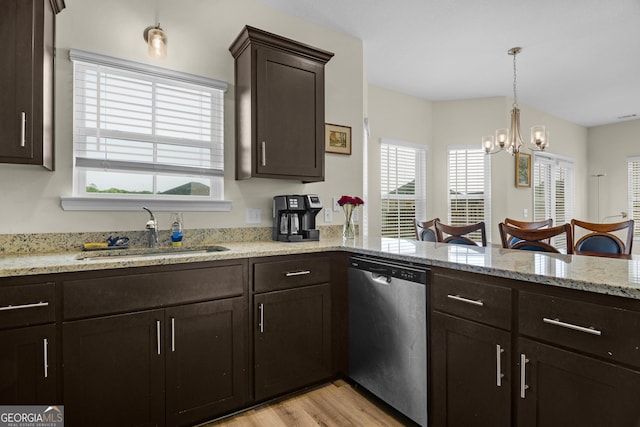 935 Abode Ave, Fort Stewart, GA 31313 - kitchen with dishwasher, a sink, dark brown cabinets, a chandelier, and light wood finished floors