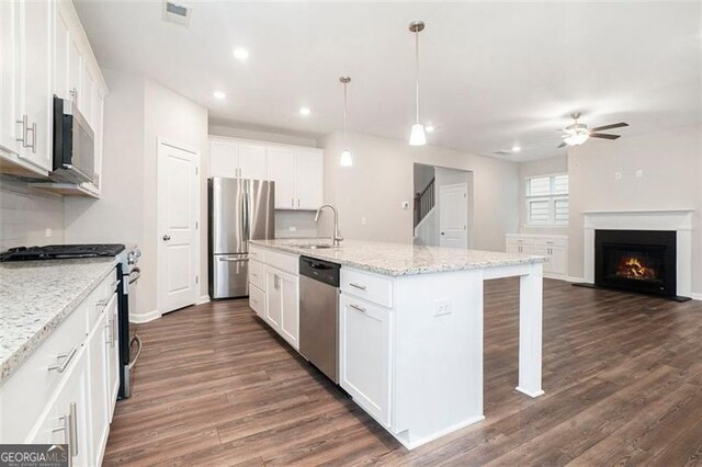 3514 Ambassador Aly, Scottdale, GA 30079 - kitchen with stainless steel appliances, a sink, a ceiling fan, dark wood-style floors, and recessed lighting