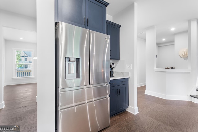 411 Riverclub Rd, Acworth, GA 30101 - kitchen with stainless steel refrigerator with ice dispenser, dark wood-style flooring, blue cabinetry, baseboards, and recessed lighting