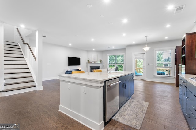 411 Riverclub Rd, Acworth, GA 30101 - kitchen featuring dishwasher, open shelves, dark wood-style flooring, a sink, and recessed lighting