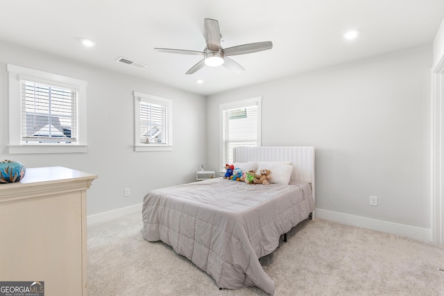 411 Riverclub Rd, Acworth, GA 30101 - bedroom with light carpet, baseboards, recessed lighting, and a ceiling fan