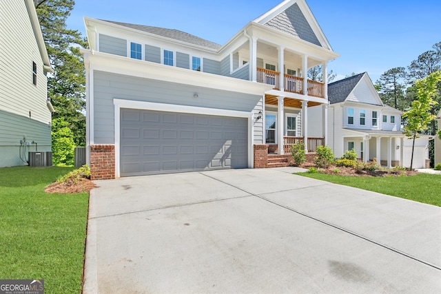 411 Riverclub Rd, Acworth, GA 30101 - view of front facade featuring driveway, brick siding, a balcony, a front lawn, and cooling unit