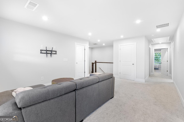 411 Riverclub Rd, Acworth, GA 30101 - living room with recessed lighting, attic access, baseboards, and light colored carpet