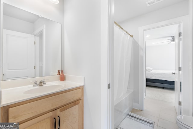 411 Riverclub Rd, Acworth, GA 30101 - ensuite bathroom featuring vanity, tile patterned floors, shower / bathtub combination with curtain, and toilet