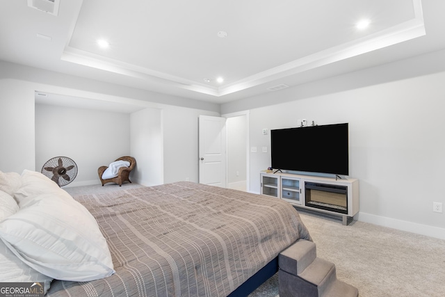 411 Riverclub Rd, Acworth, GA 30101 - bedroom with a tray ceiling, light colored carpet, recessed lighting, and baseboards