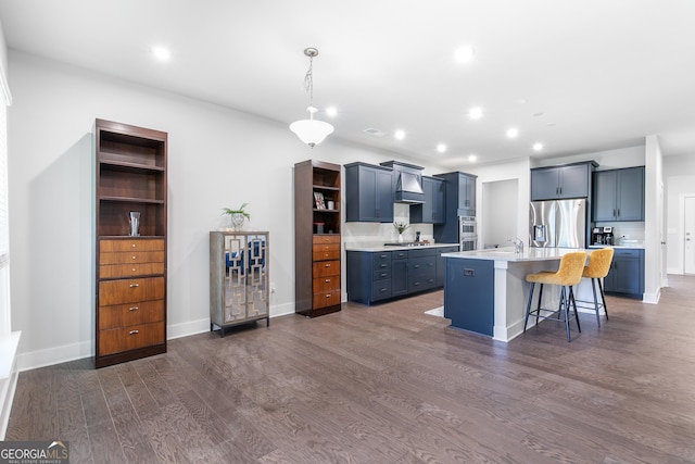 411 Riverclub Rd, Acworth, GA 30101 - kitchen with stainless steel fridge, open shelves, a breakfast bar, dark wood finished floors, and light countertops