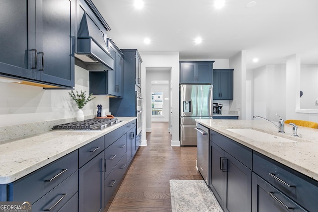 411 Riverclub Rd, Acworth, GA 30101 - kitchen featuring stainless steel appliances, a sink, custom range hood, dark wood-style flooring, and recessed lighting