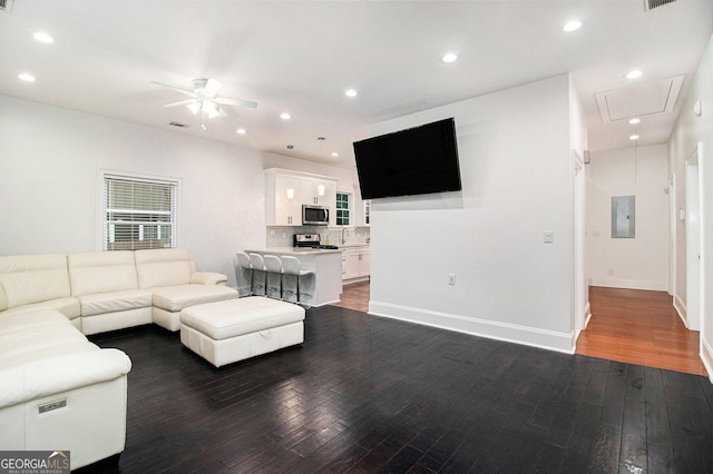 1292 Eubanks Ave, East Point, GA 30344 - living room featuring attic access, a ceiling fan, dark wood-style floors, recessed lighting, and electric panel