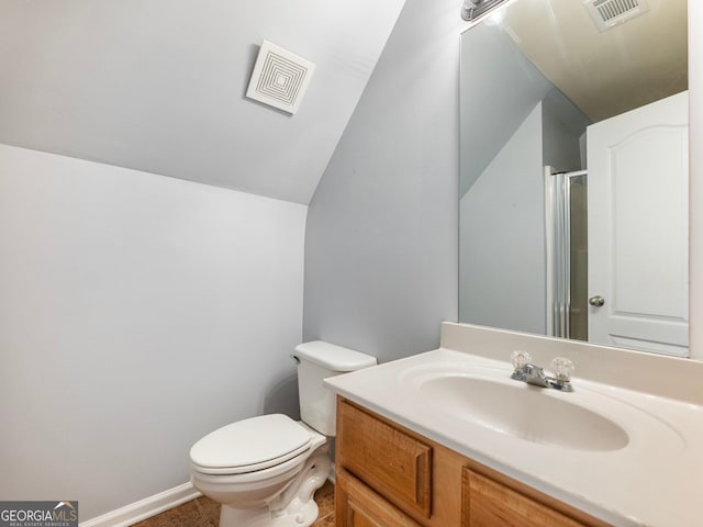 6439 Mossy Boulder Dr, Flowery Branch, GA 30542 - full bath featuring lofted ceiling, vanity, and an enclosed shower