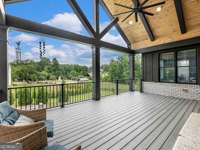 5832 Lula Bridge Ln, Braselton, GA 30517 - wooden deck with a ceiling fan and view of wooded area