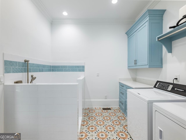 5832 Lula Bridge Ln, Braselton, GA 30517 - laundry room with cabinet space, separate washer and dryer, ornamental molding, light tile patterned floors, and recessed lighting