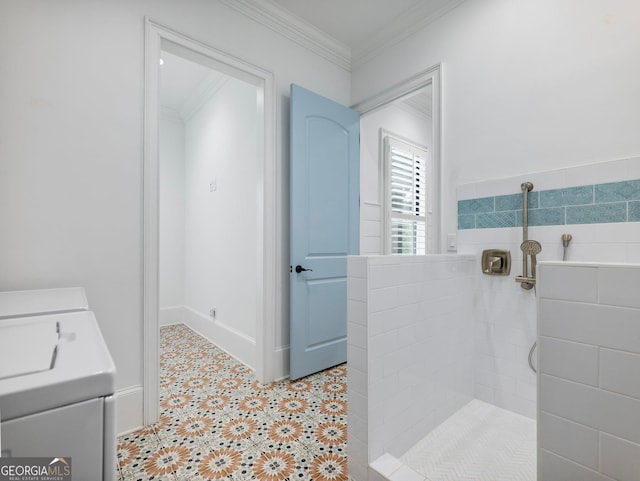 5832 Lula Bridge Ln, Braselton, GA 30517 - full bathroom with crown molding, a tile shower, and tile patterned flooring