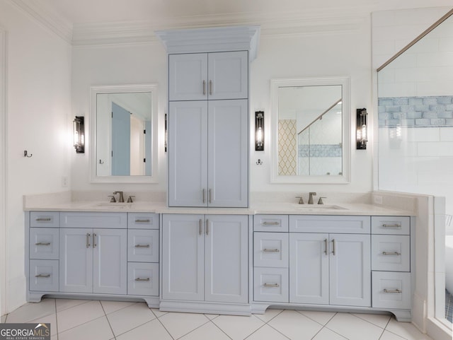 5832 Lula Bridge Ln, Braselton, GA 30517 - bathroom featuring crown molding, double vanity, tiled shower, tile patterned floors, and a bathtub