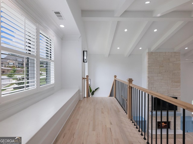 5832 Lula Bridge Ln, Braselton, GA 30517 - corridor featuring beam ceiling, wood finished floors, and recessed lighting