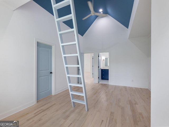 5832 Lula Bridge Ln, Braselton, GA 30517 - unfurnished living room featuring high vaulted ceiling, light wood-style floors, and ceiling fan