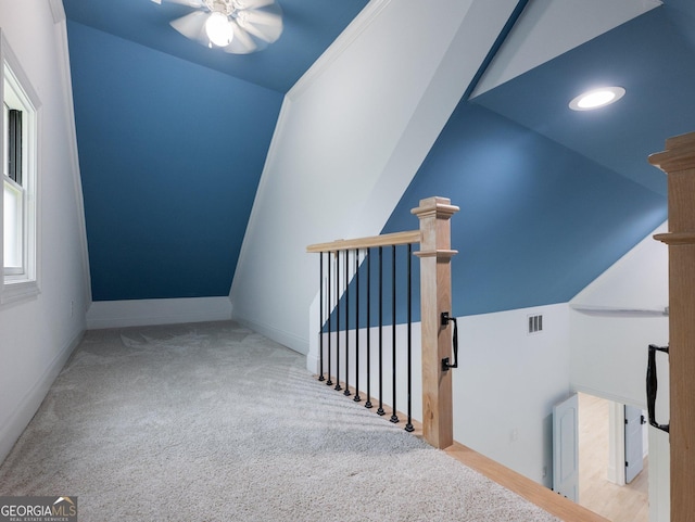 5832 Lula Bridge Ln, Braselton, GA 30517 - stairs with a ceiling fan, carpet flooring, and vaulted ceiling