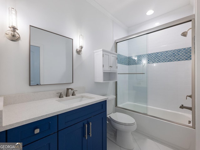 5832 Lula Bridge Ln, Braselton, GA 30517 - bathroom with crown molding, vanity, and bath / shower combo with glass door