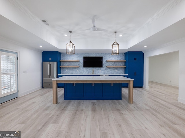 5832 Lula Bridge Ln, Braselton, GA 30517 - kitchen featuring open shelves, blue cabinetry, high end fridge, light countertops, and crown molding