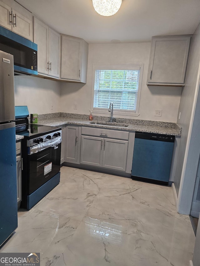 3685 Rice Mill Rd, Macon, GA 31206 - kitchen featuring dishwasher, electric stove, a sink, gray cabinetry, and light marble finish floors