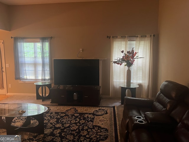 5327 Yoshino Ter, Powder Springs, GA 30127 - living room featuring carpet and lofted ceiling