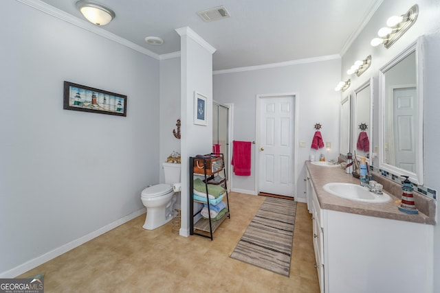 6162 Ayrin Brooke Ln, Blackshear, GA 31516 - bathroom featuring double vanity, an enclosed shower, ornamental molding, toilet, and baseboards