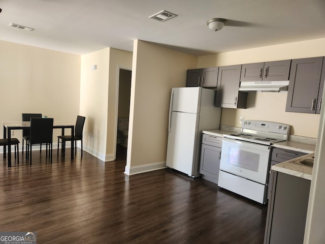 116 Ronald Pride Blvd, Fort Valley, GA 31030 - kitchen with white appliances, under cabinet range hood, and gray cabinetry