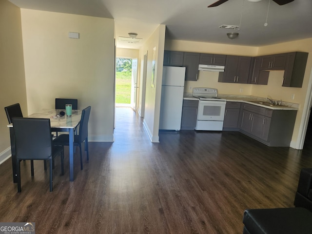 116 Ronald Pride Blvd, Fort Valley, GA 31030 - kitchen featuring white appliances, gray cabinets, baseboards, dark wood-style flooring, and a sink