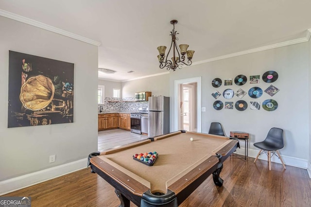975 Dill Ave SW, Atlanta, GA 30310 - game room with billiards table, light wood-style floors, crown molding, and a chandelier