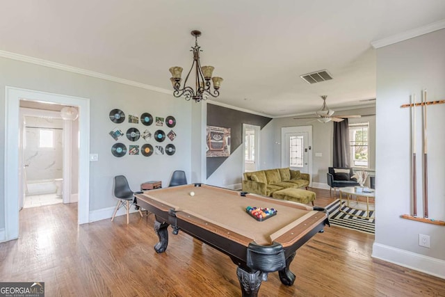 975 Dill Ave SW, Atlanta, GA 30310 - rec room with ornamental molding, wood finished floors, a ceiling fan, and pool table