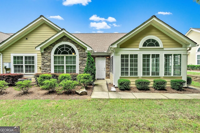 140 Rehobeth Way, Fayetteville, GA 30214 - single story home with a shingled roof, a front lawn, and stone siding