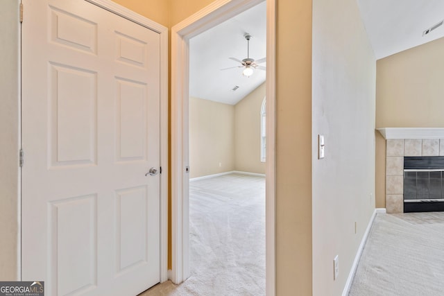 140 Rehobeth Way, Fayetteville, GA 30214 - hallway featuring light carpet and vaulted ceiling