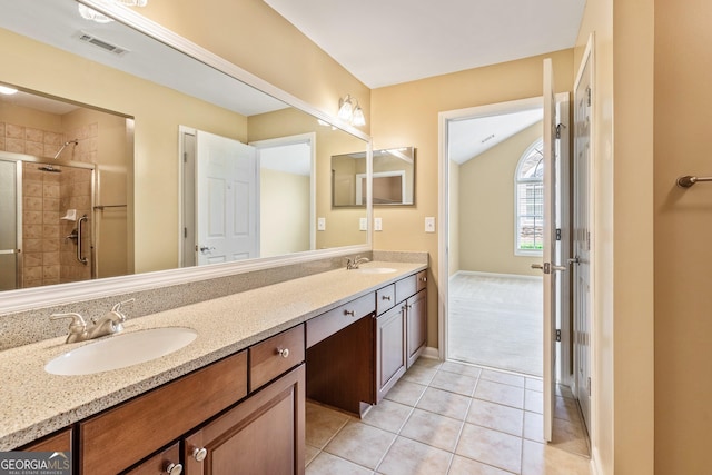 140 Rehobeth Way, Fayetteville, GA 30214 - full bathroom with double vanity, a shower stall, and tile patterned floors