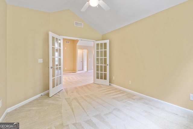 140 Rehobeth Way, Fayetteville, GA 30214 - spare room with french doors, carpet floors, ceiling fan, and high vaulted ceiling