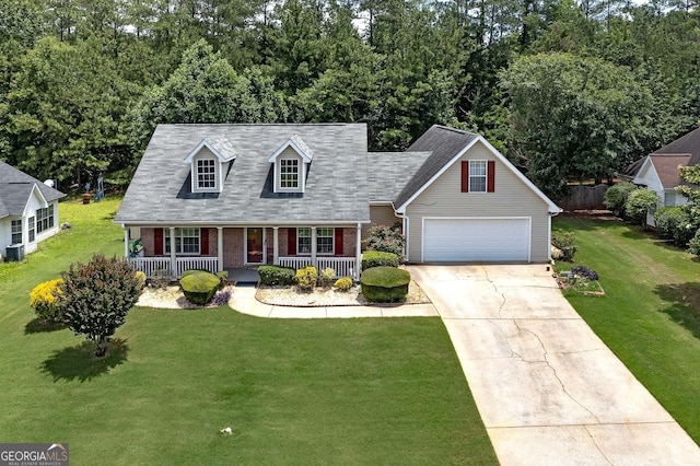 35 Deep Springs Way, Covington, GA 30016 - cape cod house featuring brick siding, covered porch, concrete driveway, a garage, and a front lawn