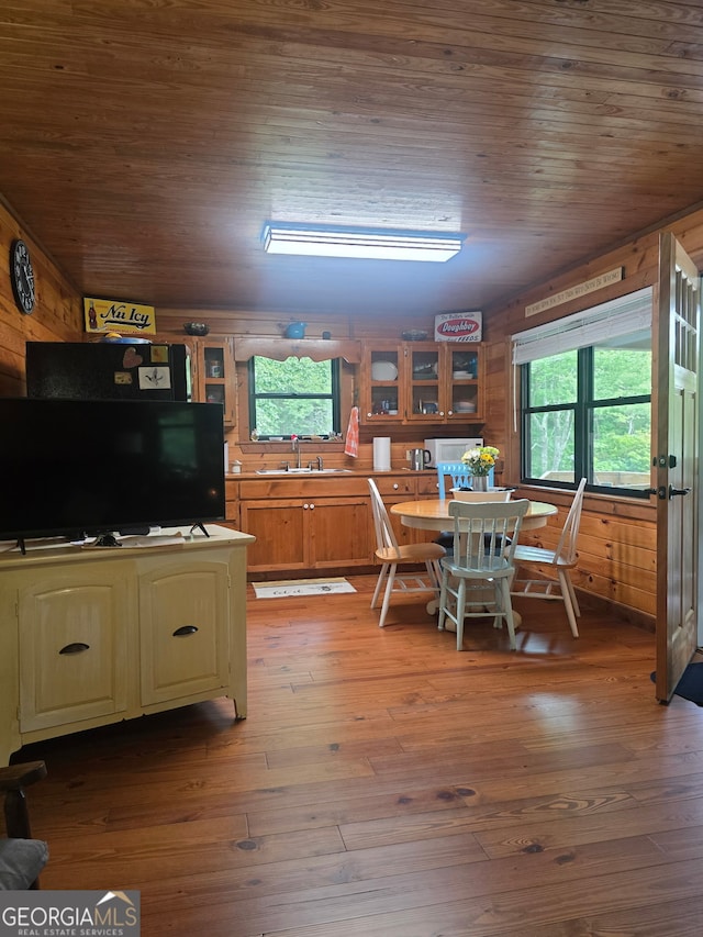 1151 Twin Mountain Lakes Cir, Talking Rock, GA 30175 - dining area with healthy amount of natural light, wooden ceiling, hardwood / wood-style floors, and wooden walls