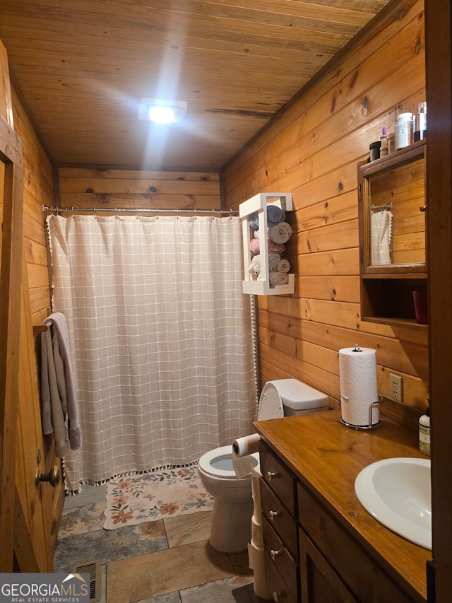 1151 Twin Mountain Lakes Cir, Talking Rock, GA 30175 - full bathroom featuring wood walls, vanity, wood ceiling, and curtained shower