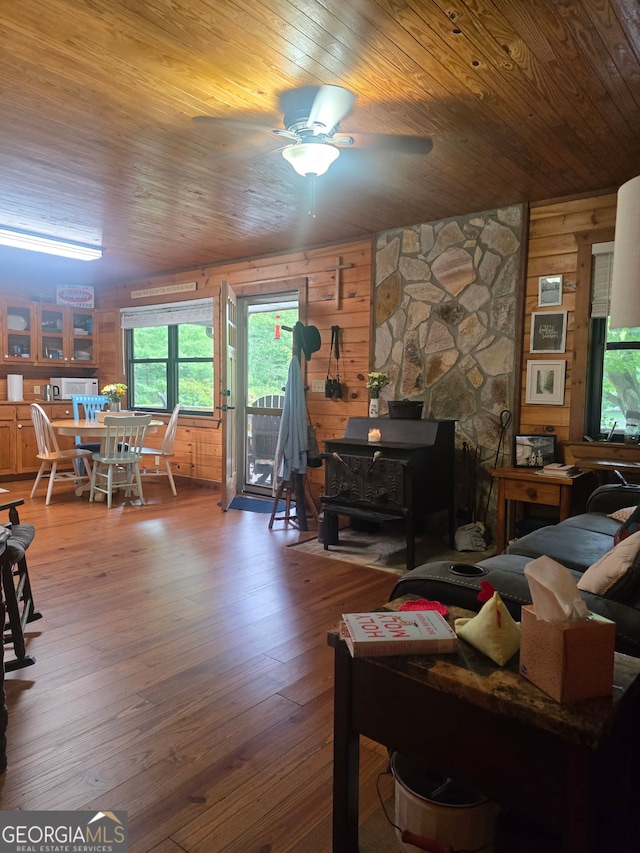 1151 Twin Mountain Lakes Cir, Talking Rock, GA 30175 - living room featuring a wood stove, wood walls, wooden ceiling, ceiling fan, and hardwood / wood-style floors