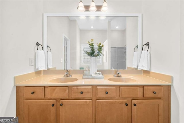 3607 Archgate Ct, Alpharetta, GA 30004 - bathroom with double vanity and a shower with shower door