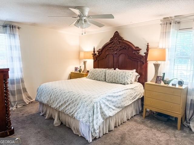 507 S College St, Metter, GA 30439 - bedroom featuring carpet floors, crown molding, a ceiling fan, and a textured ceiling