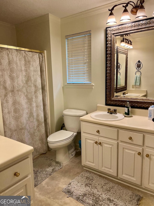 507 S College St, Metter, GA 30439 - full bathroom with vanity, toilet, a textured ceiling, ornamental molding, and a shower with shower curtain