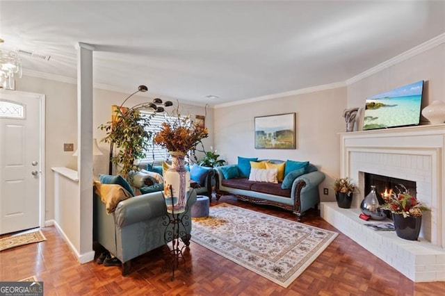 8566 Jamestown Way, Jonesboro, GA 30238 - living room featuring crown molding, a brick fireplace, and baseboards