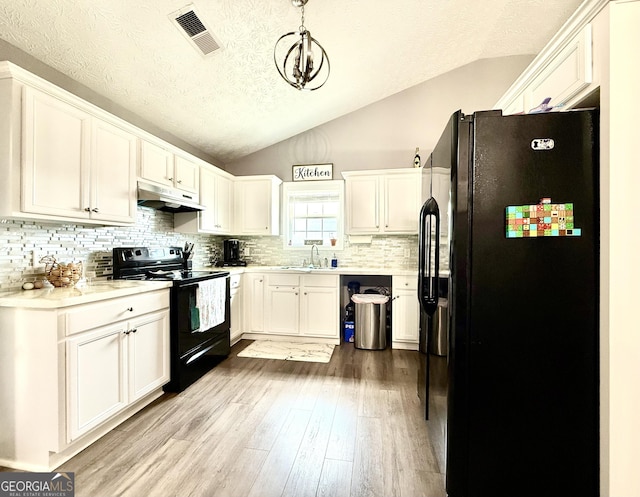 110 Waterloo Dr, Mount Airy, GA 30563 - kitchen with black appliances, vaulted ceiling, under cabinet range hood, light wood finished floors, and tasteful backsplash